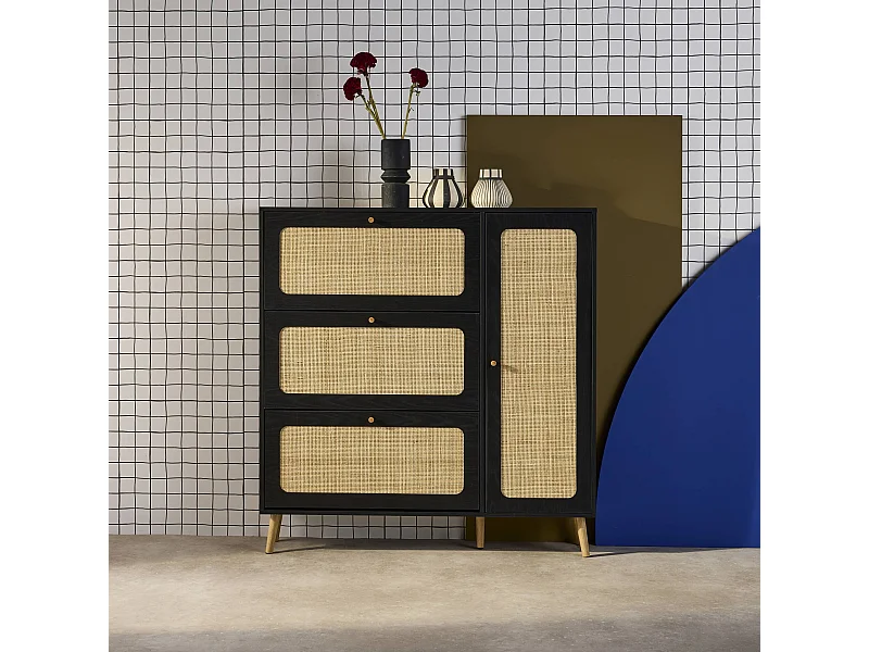 Mueble para zapatos de caña con 3 cajones negro