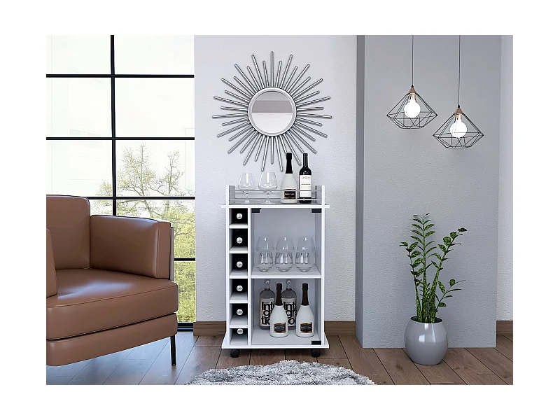 Carrito de Bar Dukat en melamina con 6 botelleros , 3 estantes y 4 ruedas , blanco , 89 cm  X 55 cm  X 41.5 cm