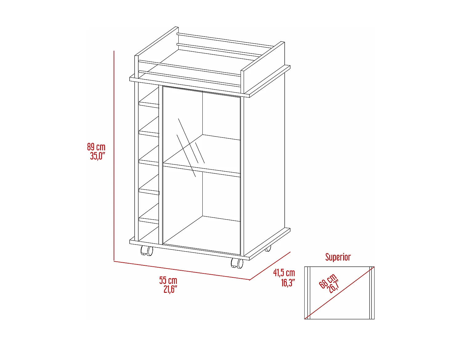 Carrito de Bar Dukat en melamina con 6 botelleros , 3 estantes y 4 ruedas , blanco , 89 cm  X 55 cm  X 41.5 cm