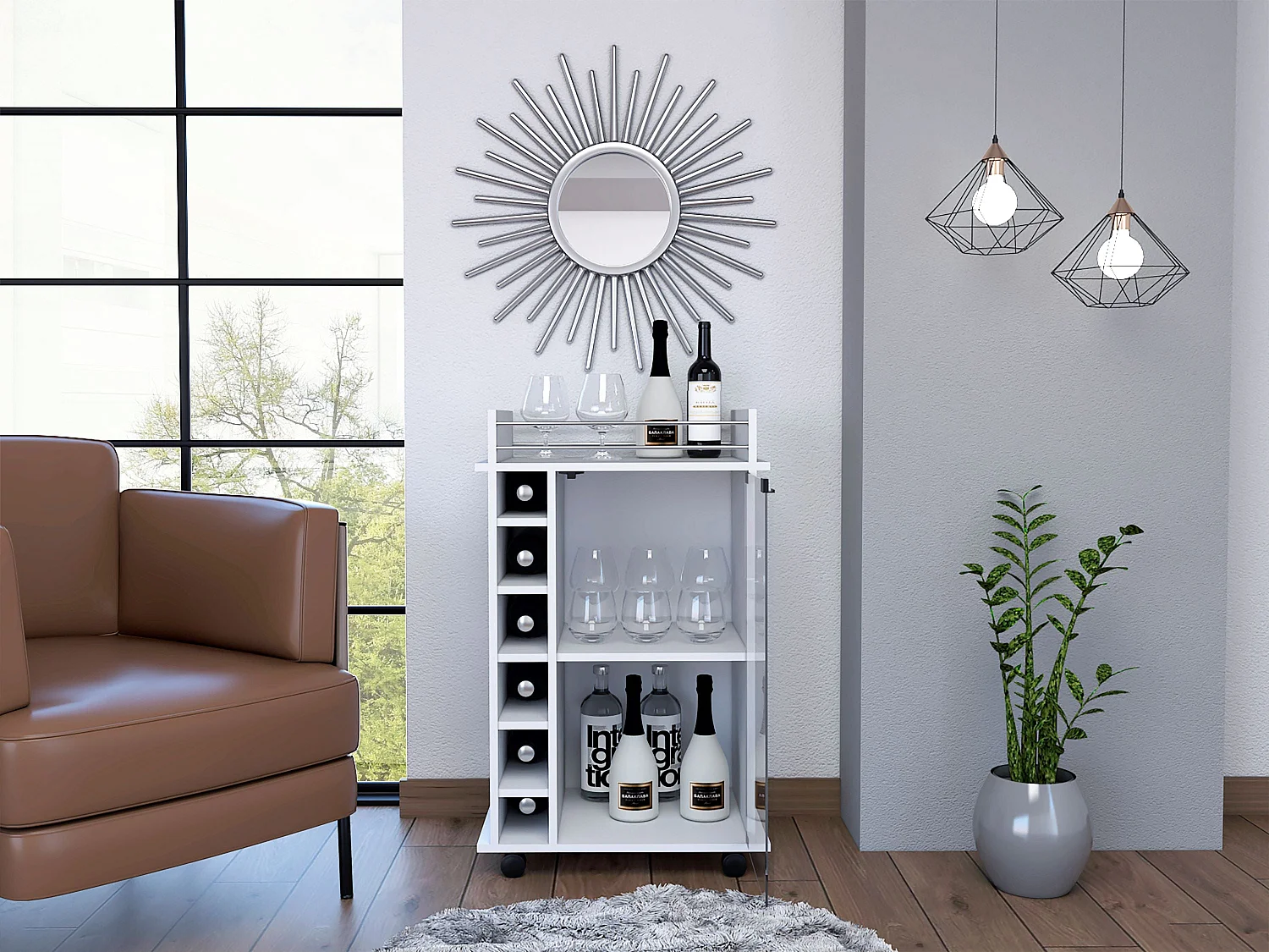 Carrito de Bar Dukat en melamina con 6 botelleros , 3 estantes y 4 ruedas , blanco , 89 cm  X 55 cm  X 41.5 cm