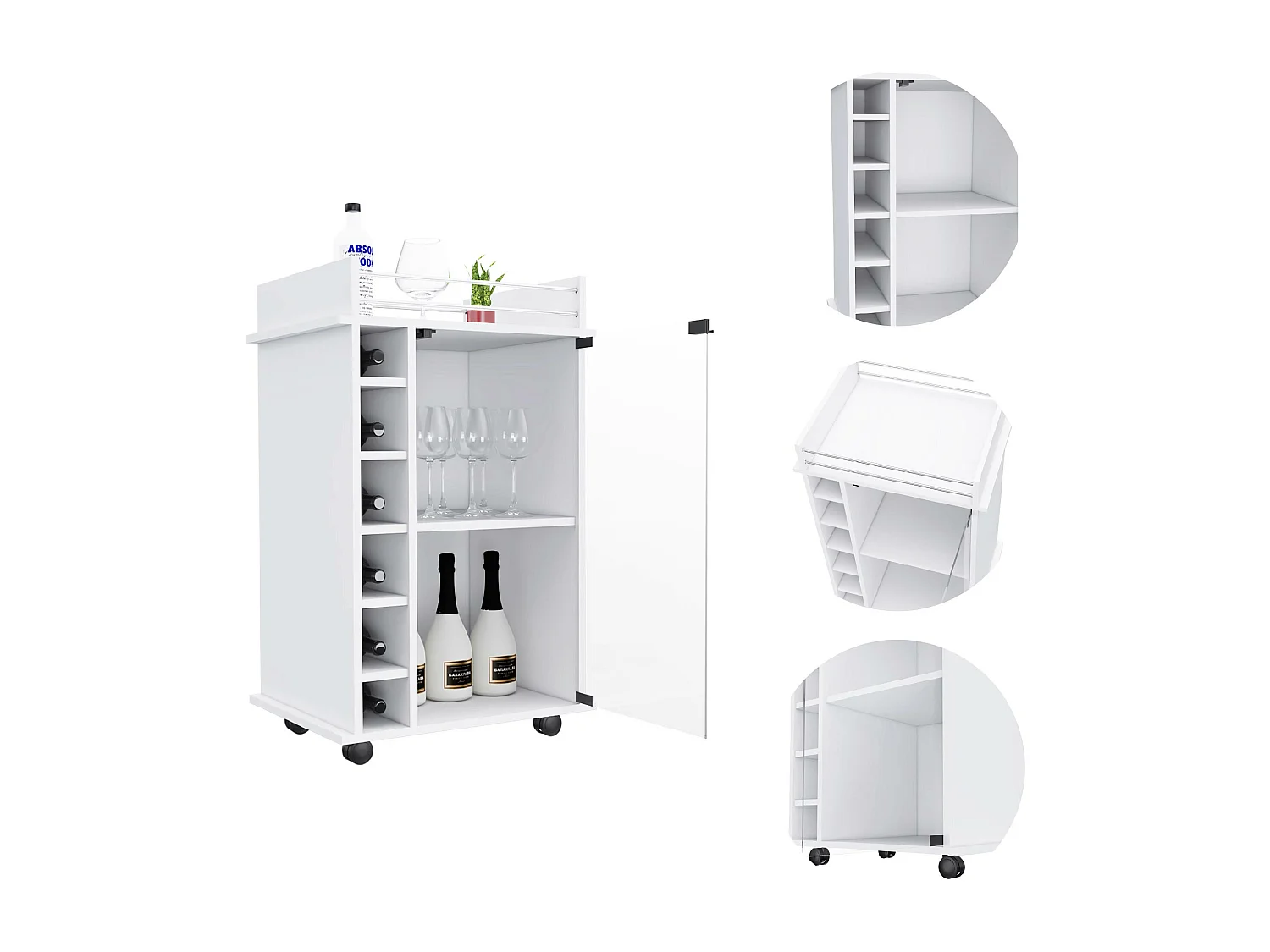 Carrito de Bar Dukat en melamina con 6 botelleros , 3 estantes y 4 ruedas , blanco , 89 cm  X 55 cm  X 41.5 cm