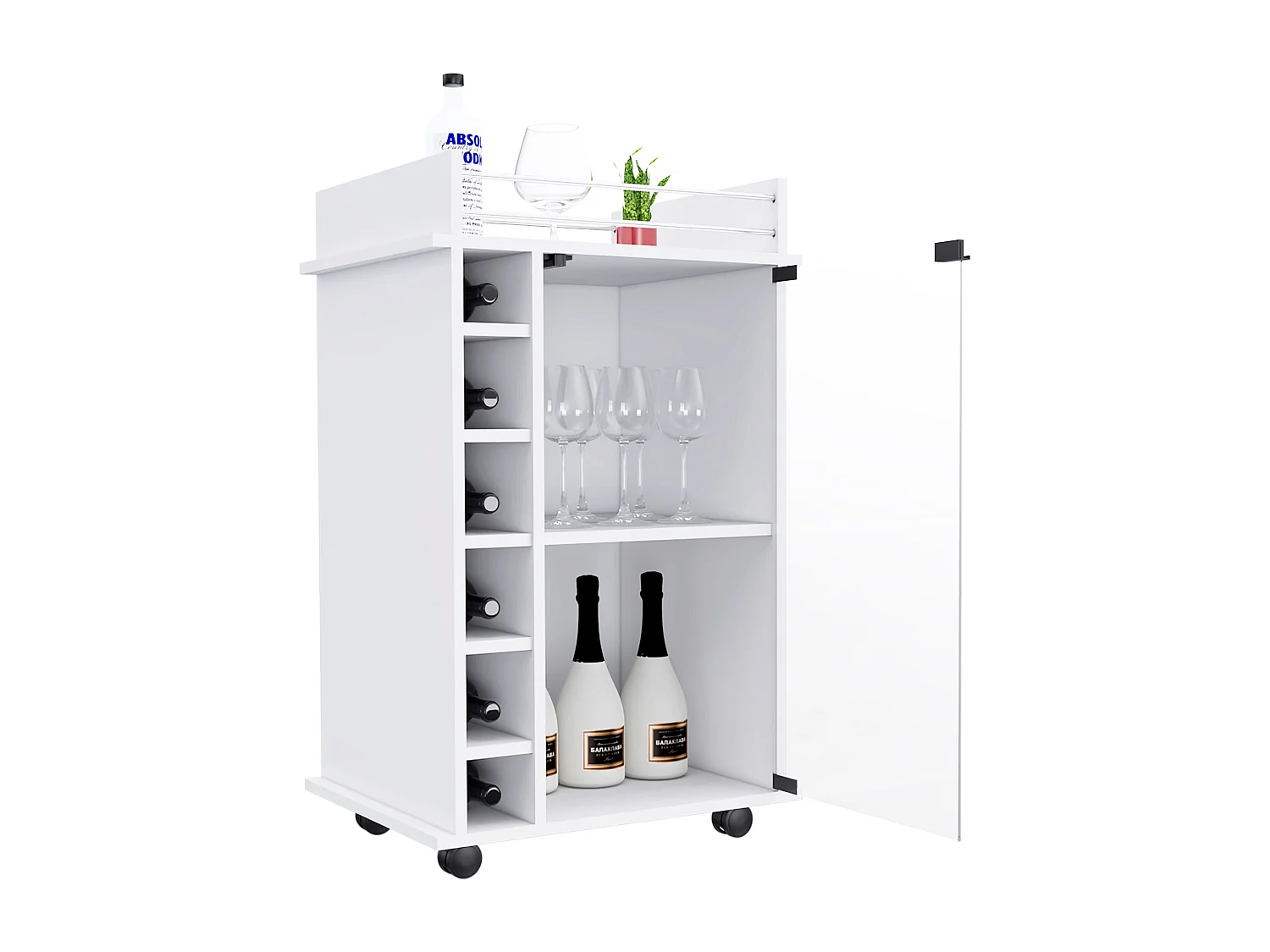 Chariot de bar Dukat en mélamine avec 6 porte-bouteilles, 3 étagères et 4 roulettes, blanc , 89 cm X 55 cm X 41.5 cm