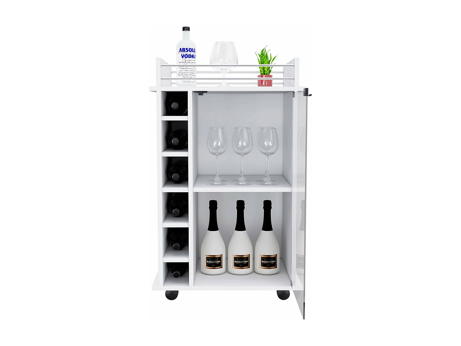 Chariot de bar Dukat en mélamine avec 6 porte-bouteilles, 3 étagères et 4 roulettes, blanc , 89 cm X 55 cm X 41.5 cm