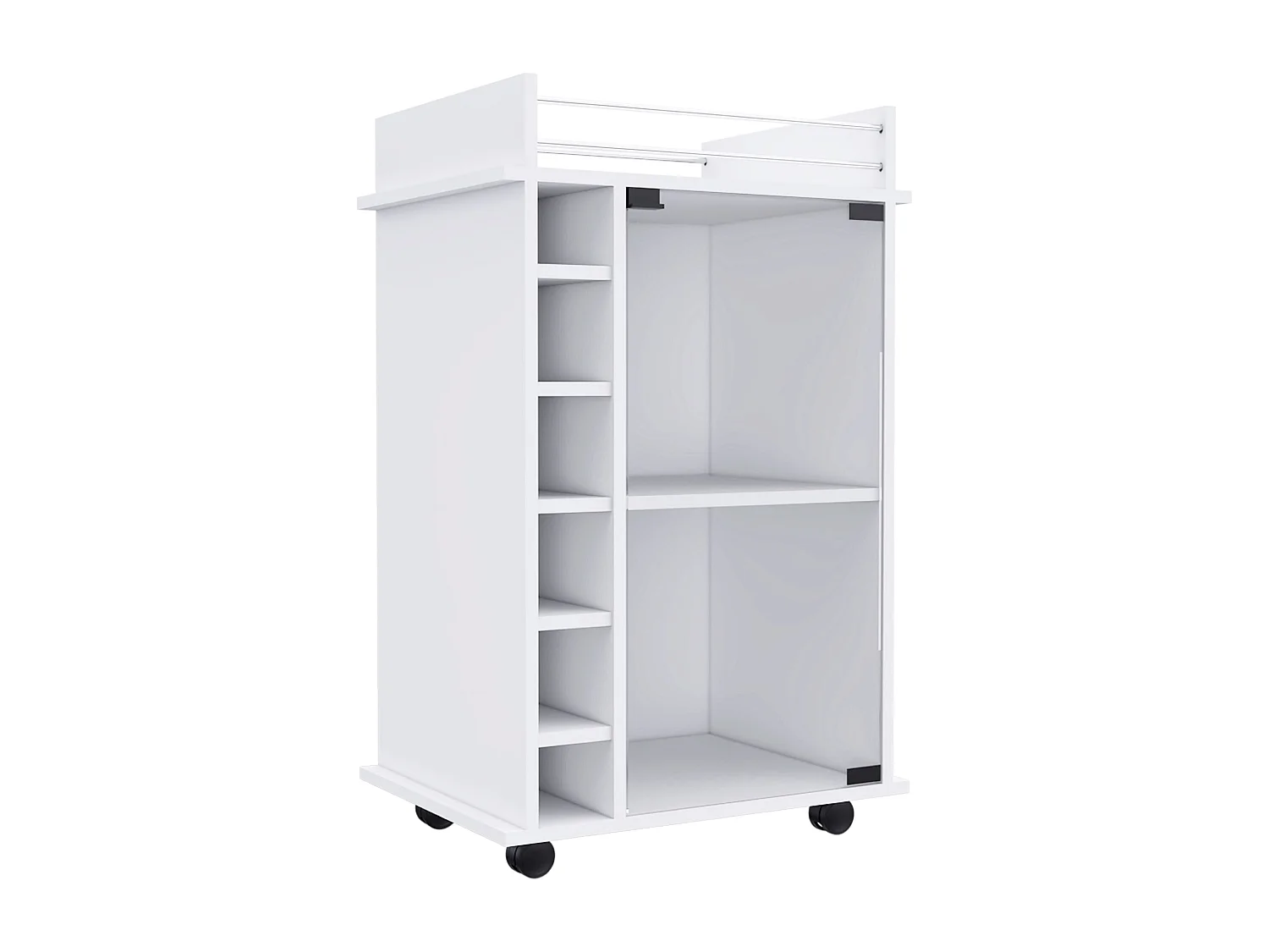 Chariot de bar Dukat en mélamine avec 6 porte-bouteilles, 3 étagères et 4 roulettes, blanc , 89 cm X 55 cm X 41.5 cm