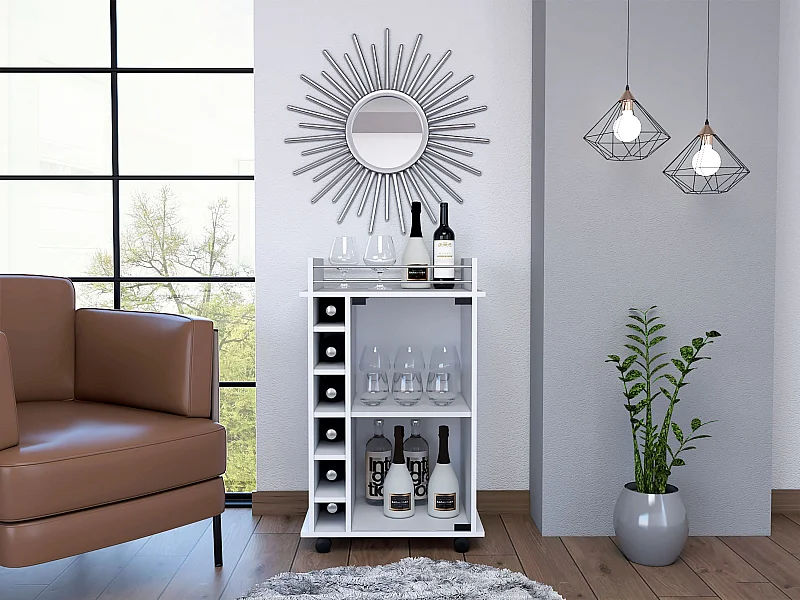 Carrito de Bar Dukat en melamina con 6 botelleros , 3 estantes y 4 ruedas , blanco , 89 cm  X 55 cm  X 41.5 cm