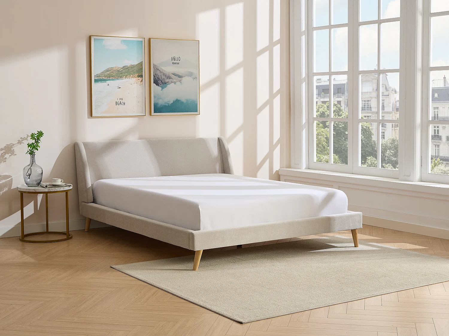 Lit 160 x 200 cm - Tissu - Beige + Matelas - BENEDICTE