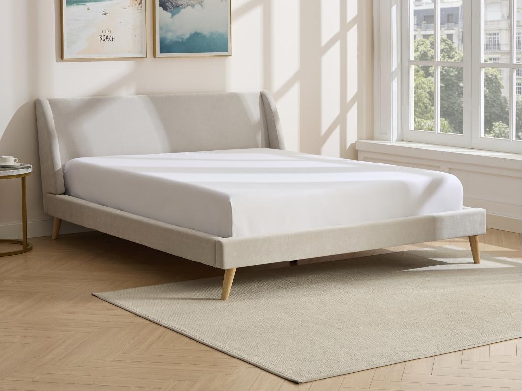 Lit scandinave 160 x 200 cm - Tissu - Beige + Matelas - BENEDICTE