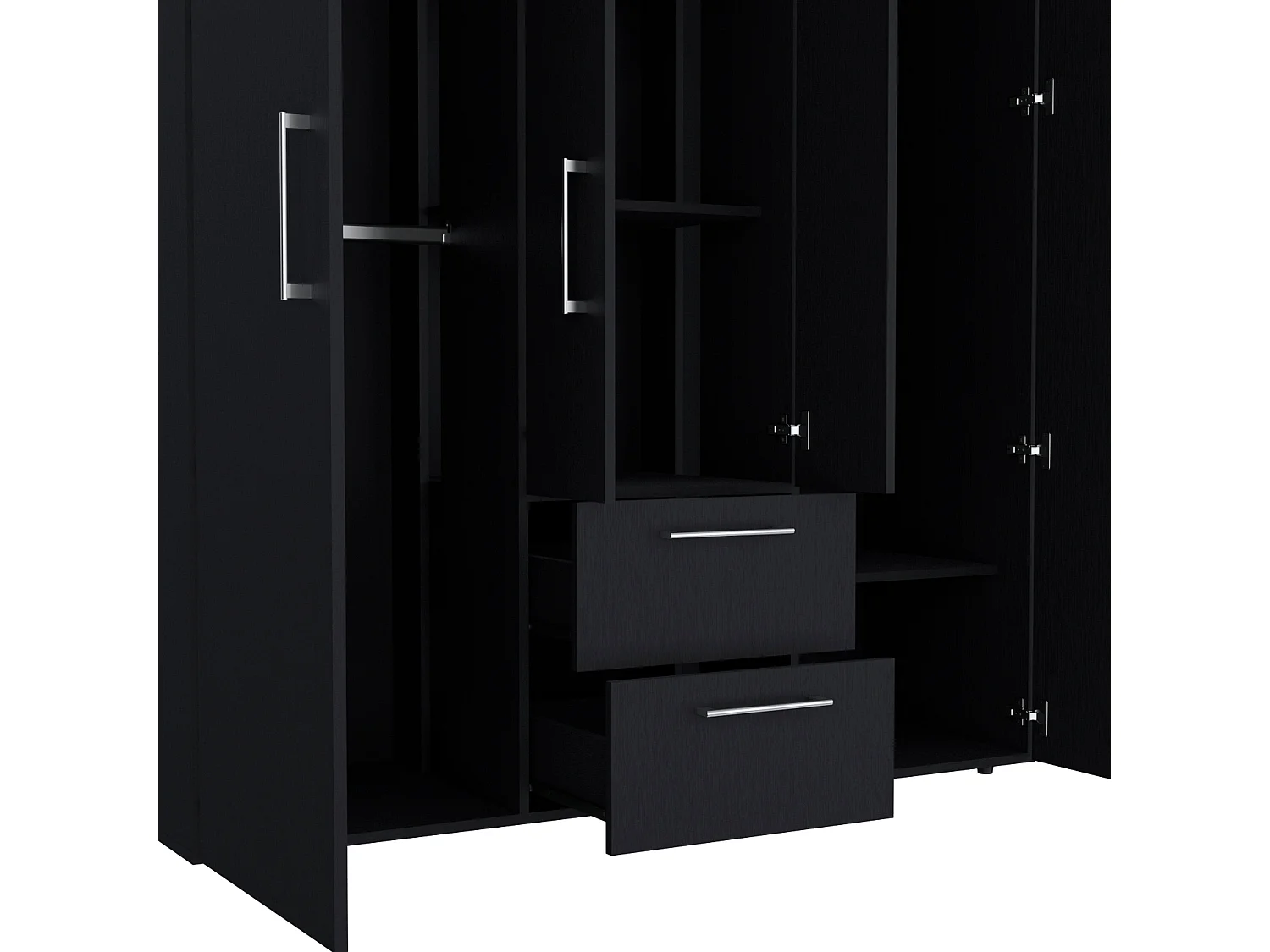 Armadio Bariloche in melamina con 4 ante, 4 ripiani, 3 appendiabiti e 2 cassetti con guide in metallo, nero, 177.9 cm X 150.3 cm X 50.4 cm