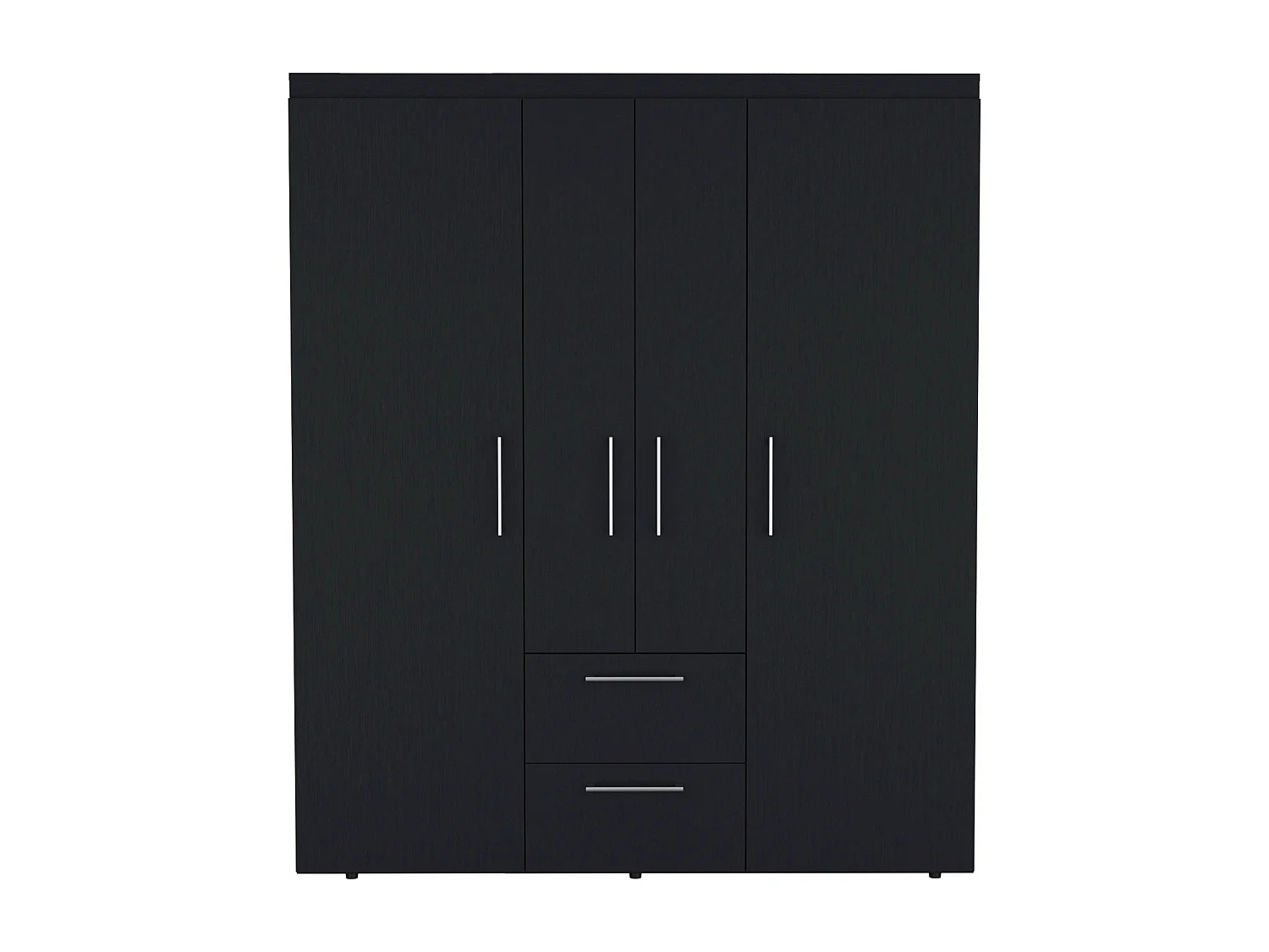 Armadio Bariloche in melamina con 4 ante, 4 ripiani, 3 appendiabiti e 2 cassetti con guide in metallo, nero, 177.9 cm X 150.3 cm X 50.4 cm