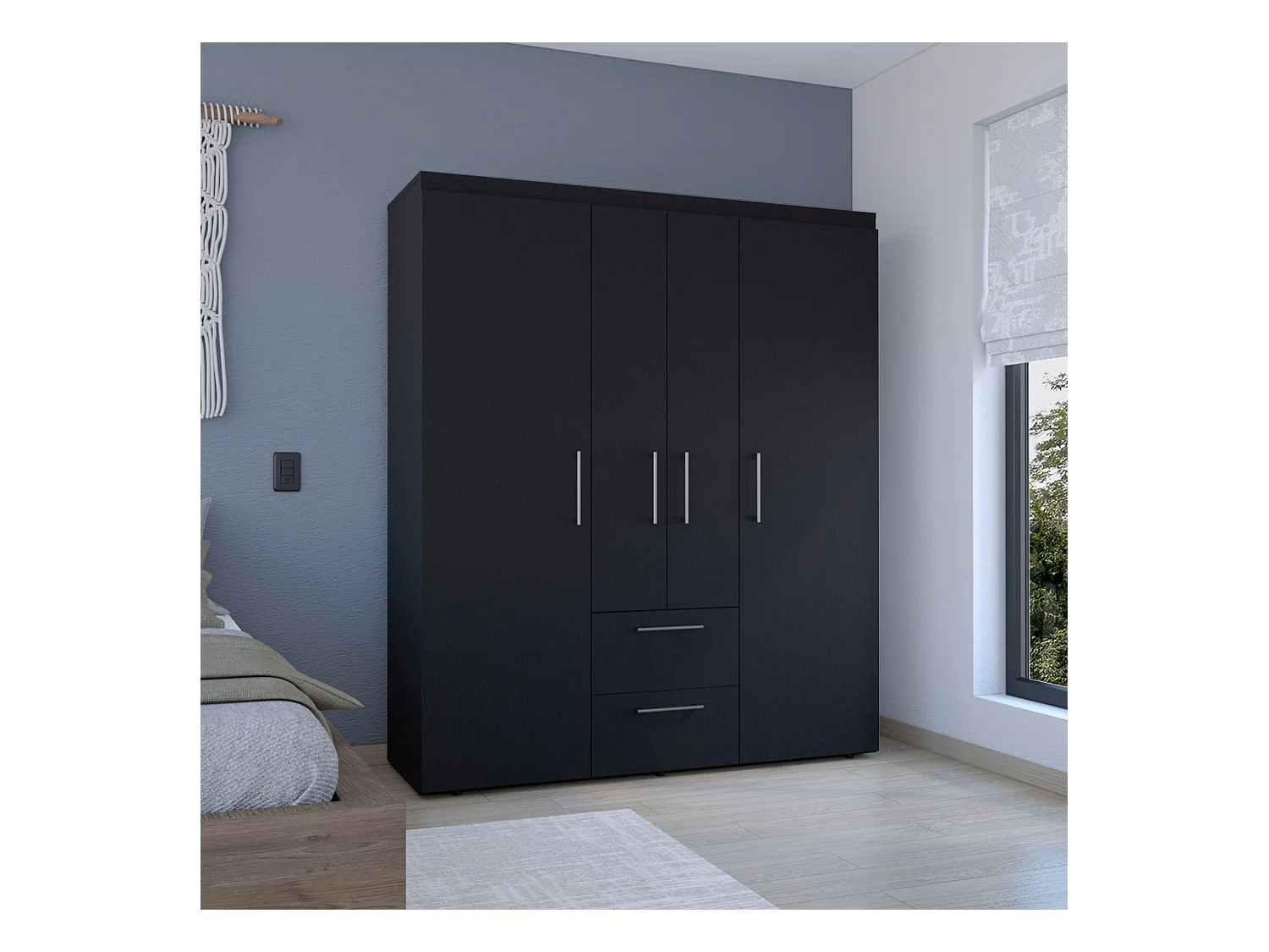 Armoire Bariloche en mélamine avec 4 portes, 4 étagères, 3 tringles à vêtements et 2 tiroirs , noir, 177.9 cm X 150.3 cm X 50.4 cm