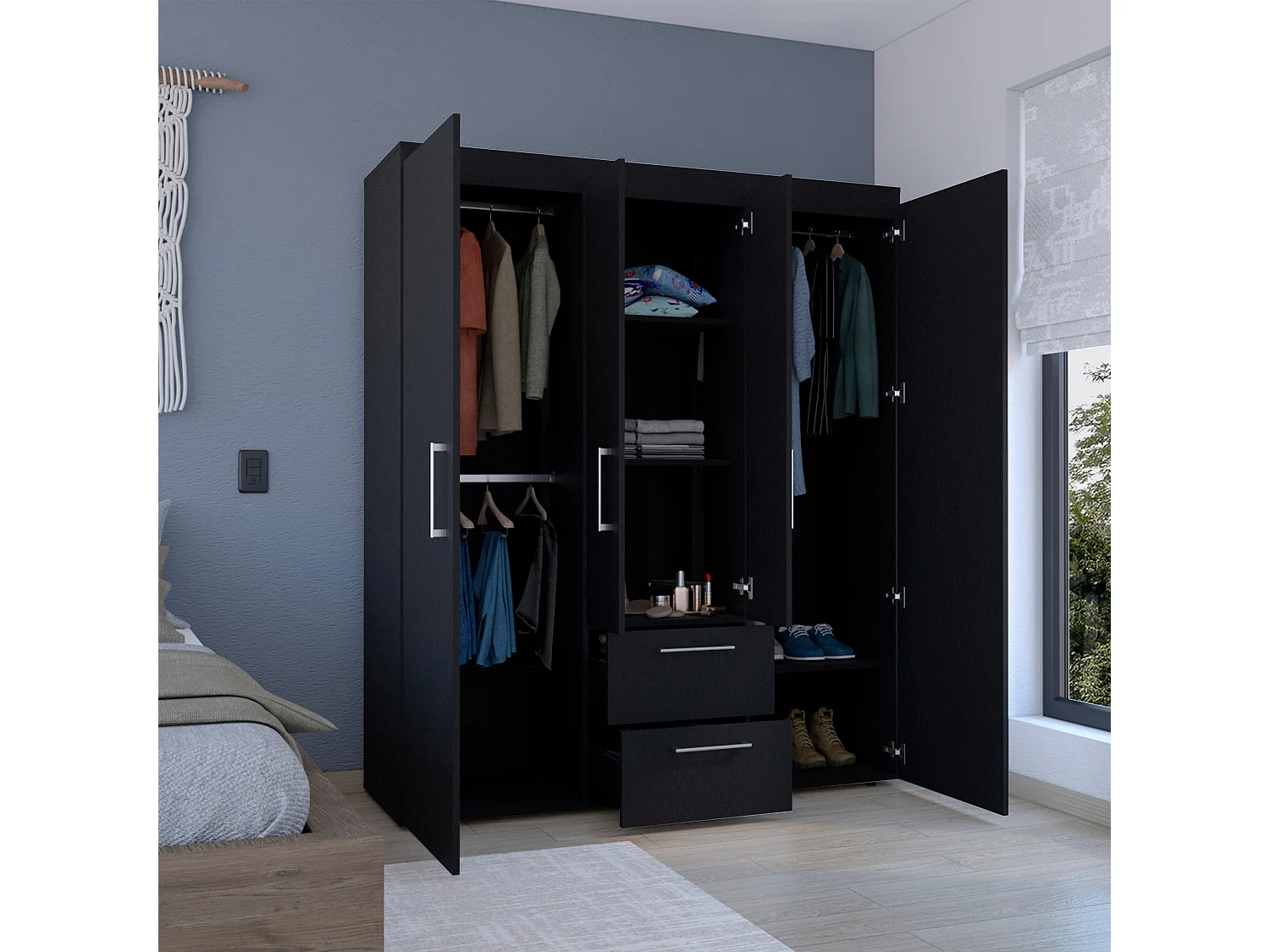 Armario Bariloche en melamina con 4 puertas , 4 estantes , 3 barras para colgar ropa y 2 cajones , negro , 177.9 cm X 150.3 cm X 50.4 cm