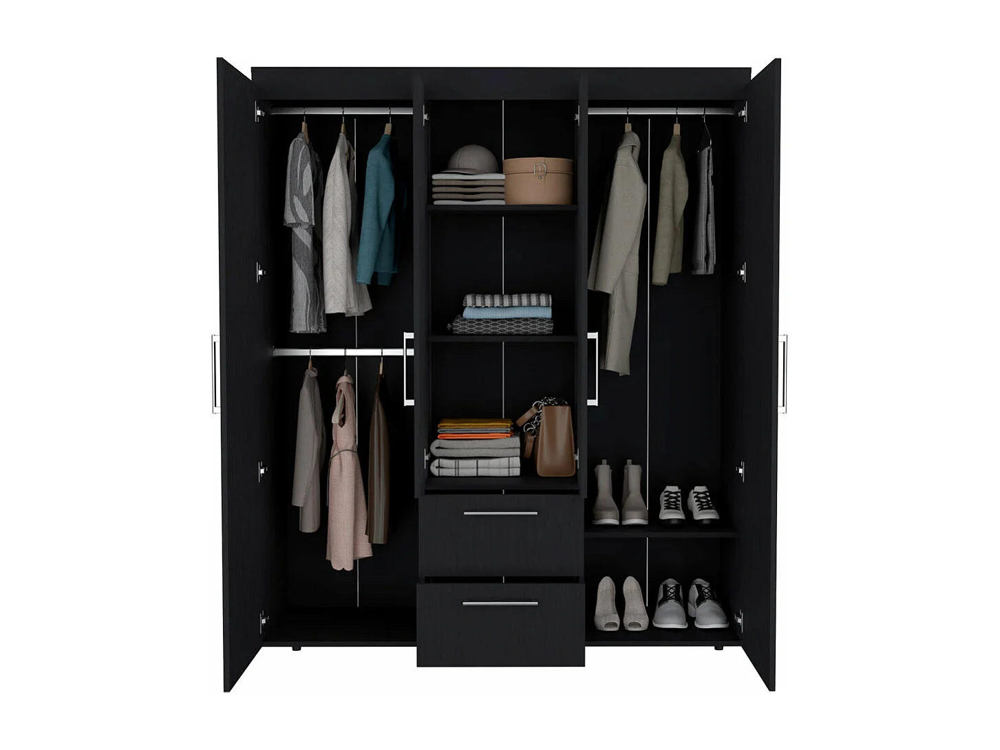 Armario Bariloche en melamina con 4 puertas , 4 estantes , 3 barras para colgar ropa y 2 cajones , negro , 177.9 cm X 150.3 cm X 50.4 cm