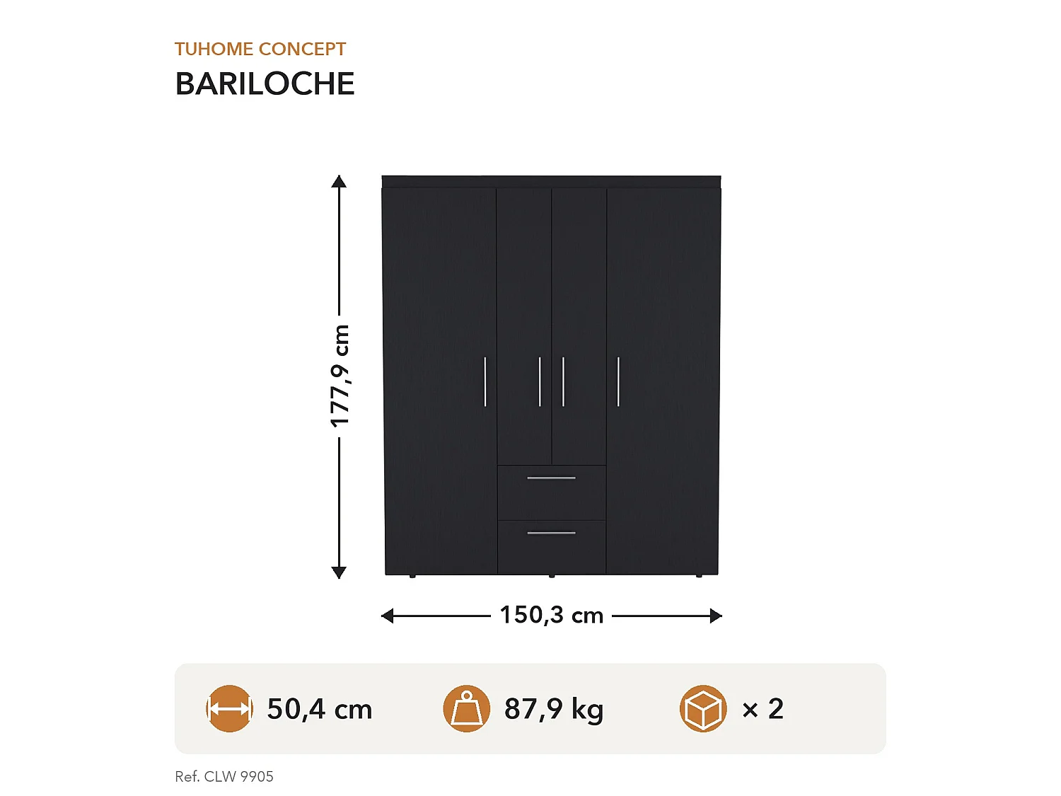 TUHOME CONCEPT Armadio Bariloche da 150 cm, wengé