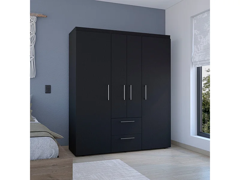 Armario Bariloche en melamina con 4 puertas , 4 estantes , 3 barras para colgar ropa y 2 cajones , negro , 177.9 cm X 150.3 cm X 50.4 cm