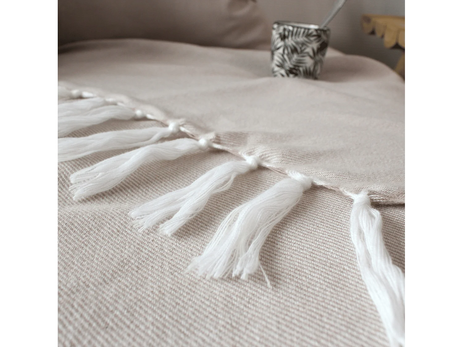 Plaid Uni à Franges XL "Dobby" 180x220cm Beige