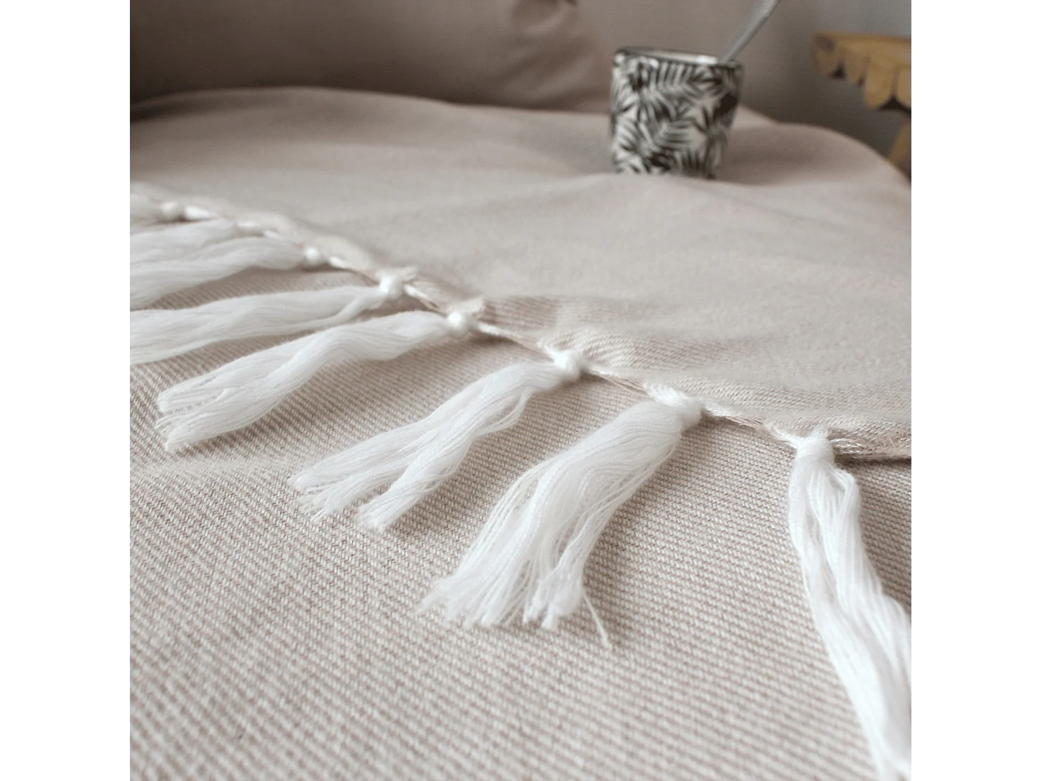 Plaid Uni à Franges XL "Dobby" 180x220cm Beige