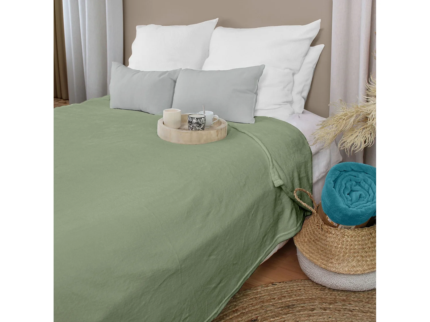 Plaid Polaire XL Uni "Coral Fleece" 180x220cm Vert Argile