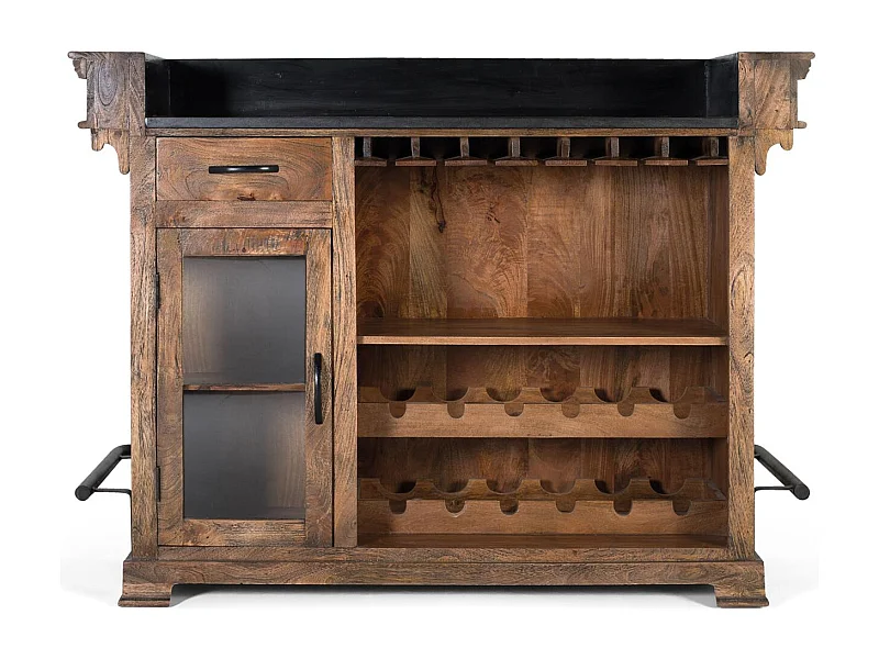 Meuble bar marron en manguier, granit et métal 150cm