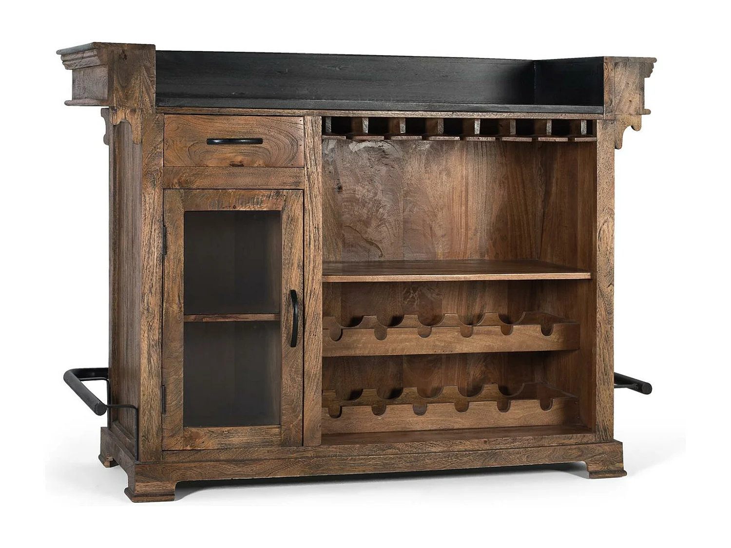 Meuble bar marron en manguier, granit et métal 150cm