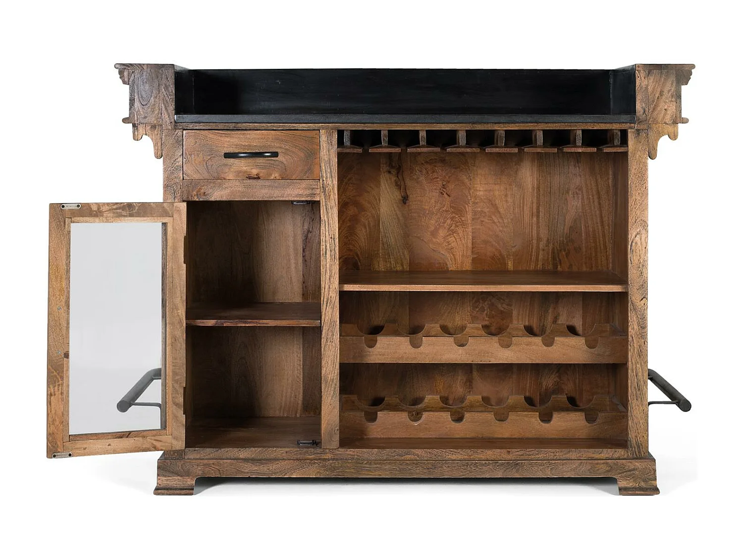 Meuble bar marron en manguier, granit et métal 150cm