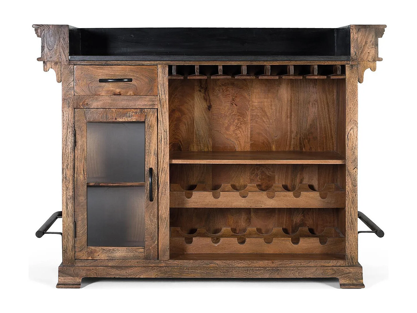 Meuble bar marron en manguier, granit et métal 150cm