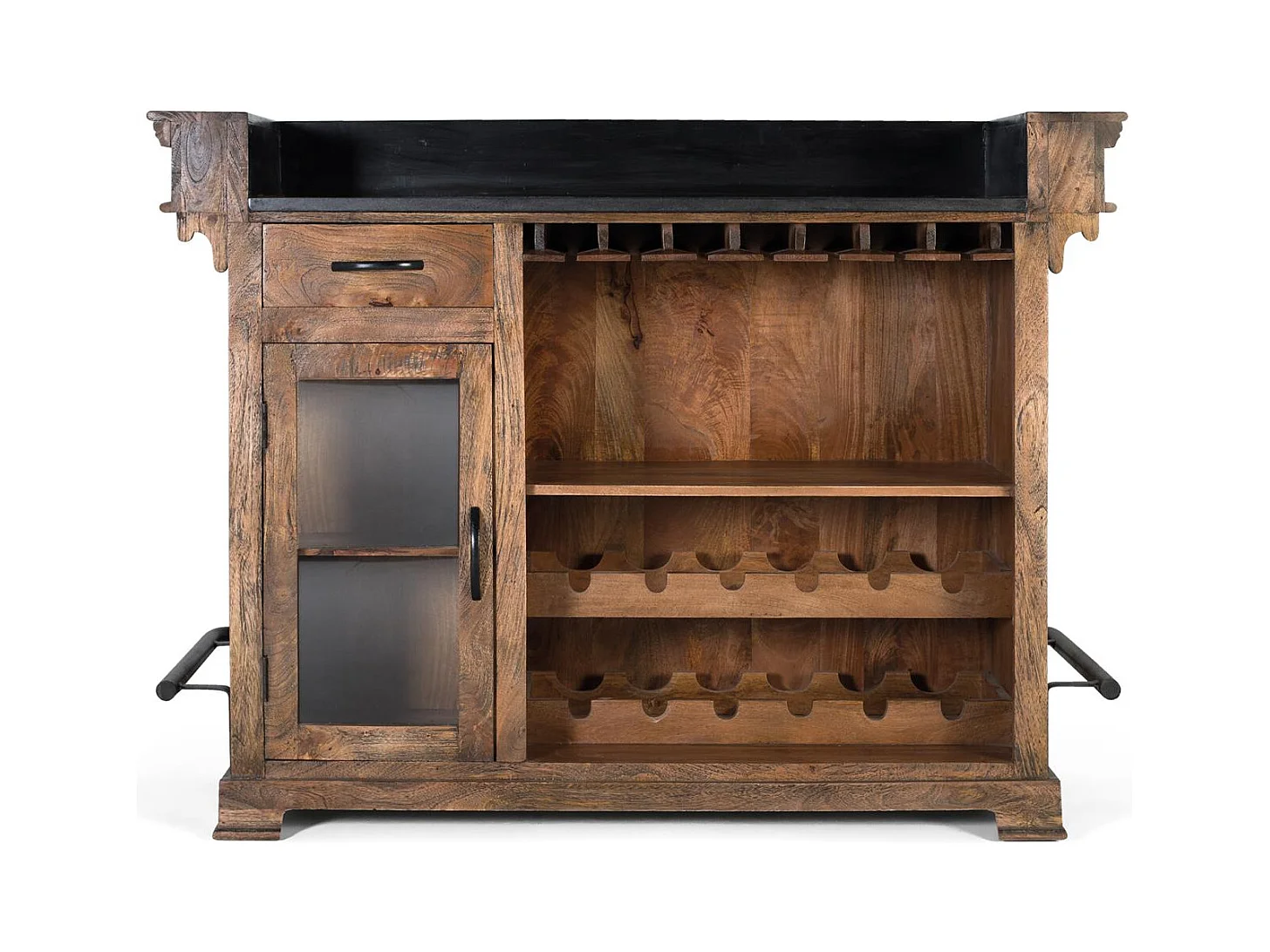 Meuble bar marron en manguier, granit et métal 150cm
