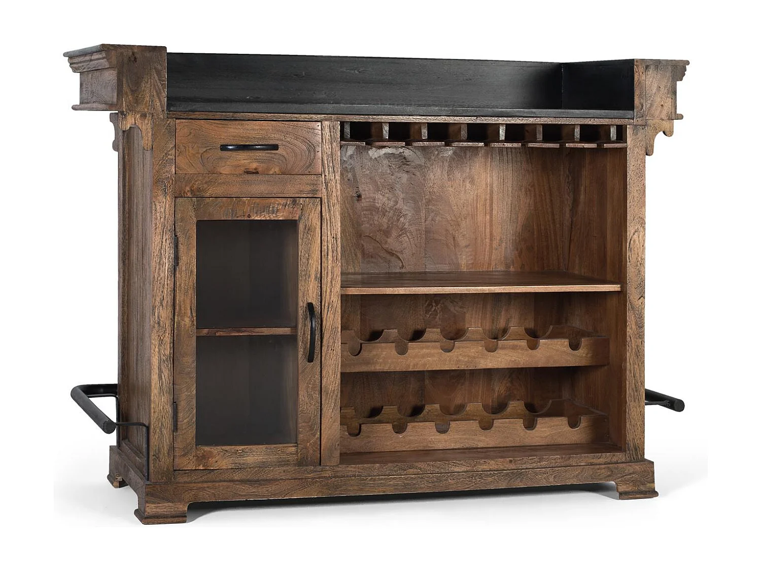 Meuble bar marron en manguier, granit et métal 150cm