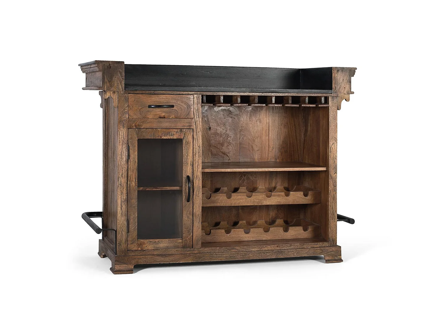 Meuble de bar en bois de manguier 150 cm, style rustique moderne - 110 x 150 x 62