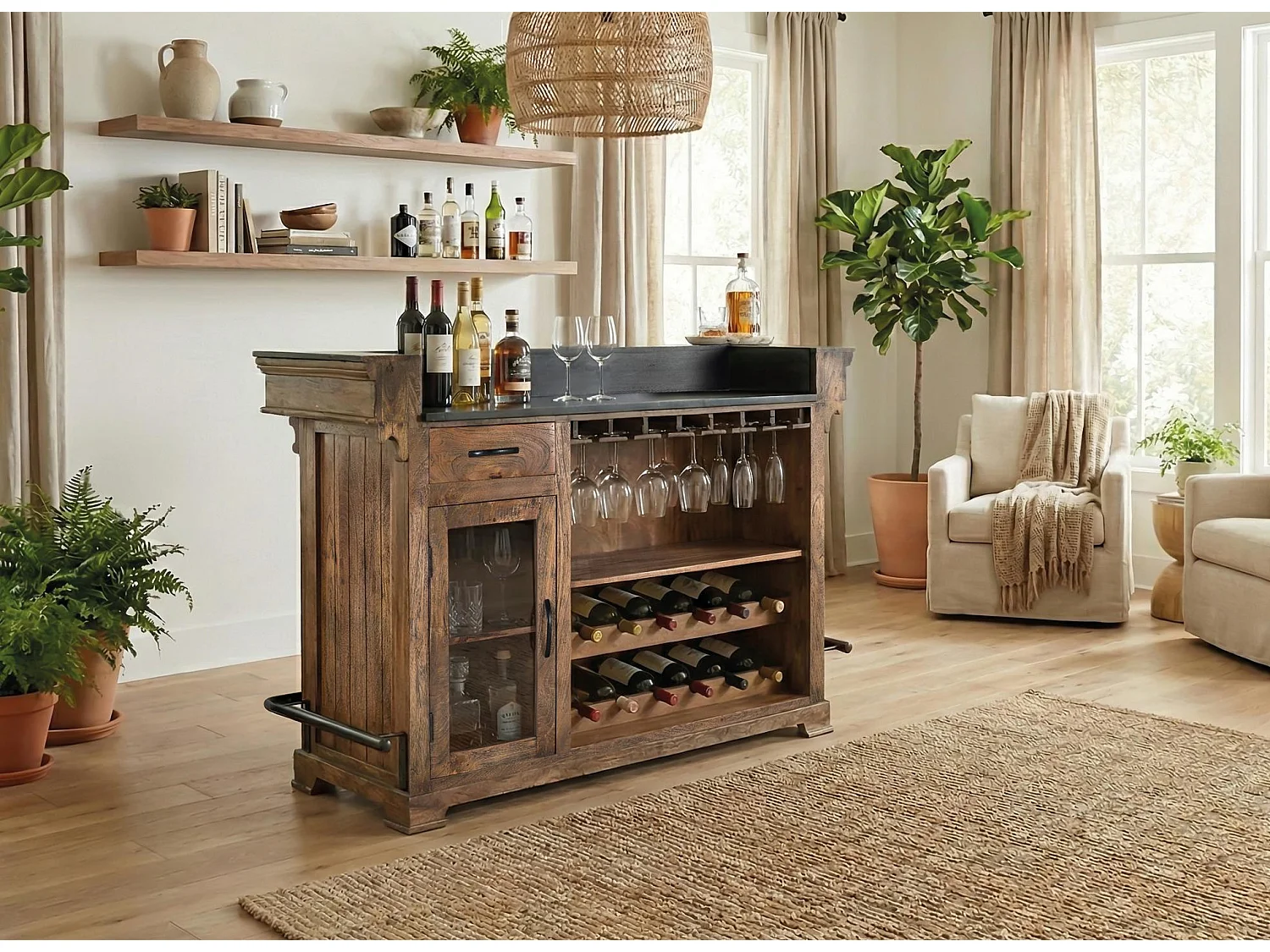 Meuble de bar en bois de manguier 150 cm, style rustique moderne - 110 x 150 x 62