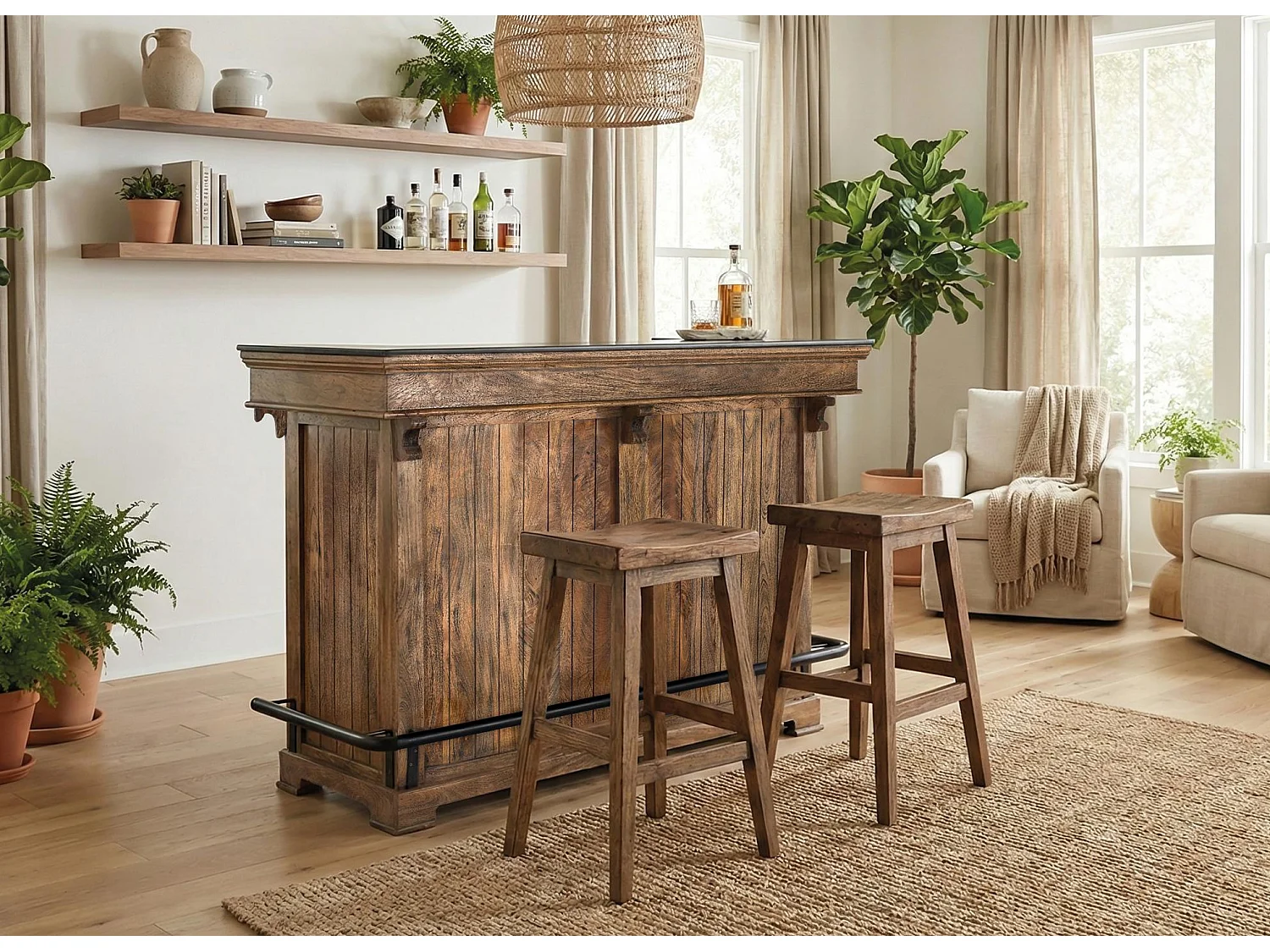 Meuble de bar en bois de manguier 150 cm, style rustique moderne - 110 x 150 x 62