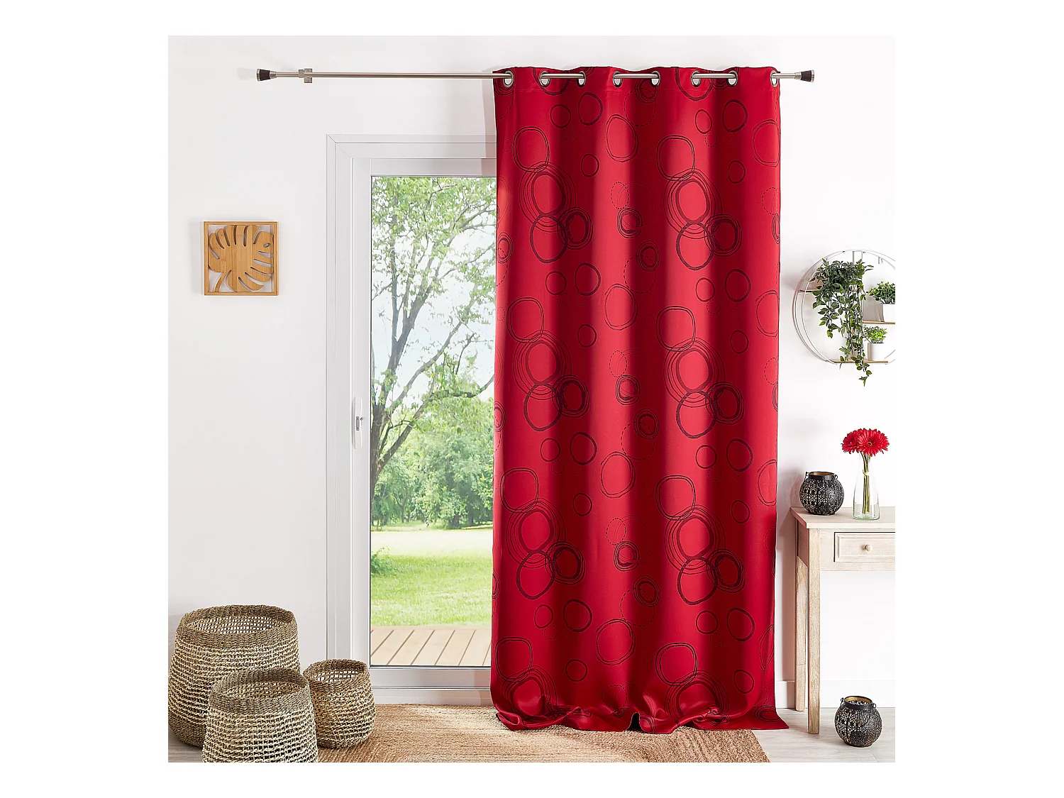 Cortina 100% Ocultante Estampado Círculos Rojo 140 x 260 cm