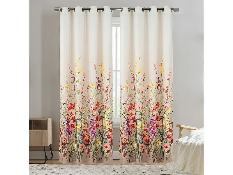 Par de Cortinas con Ojales y Motivo Floral Multicolor 140 x 260 cm
