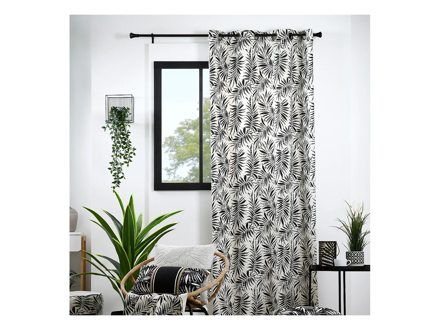 Cortina con ojales de impresión de follaje tropical en algodón 140 x 260 cm