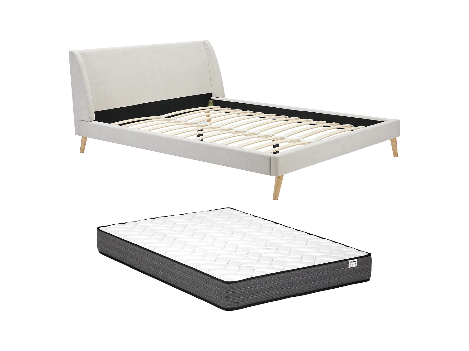 Cama de estilo escandinavo 180 x 200 cm - Tela - Beige + Colchón - BENEDICTE