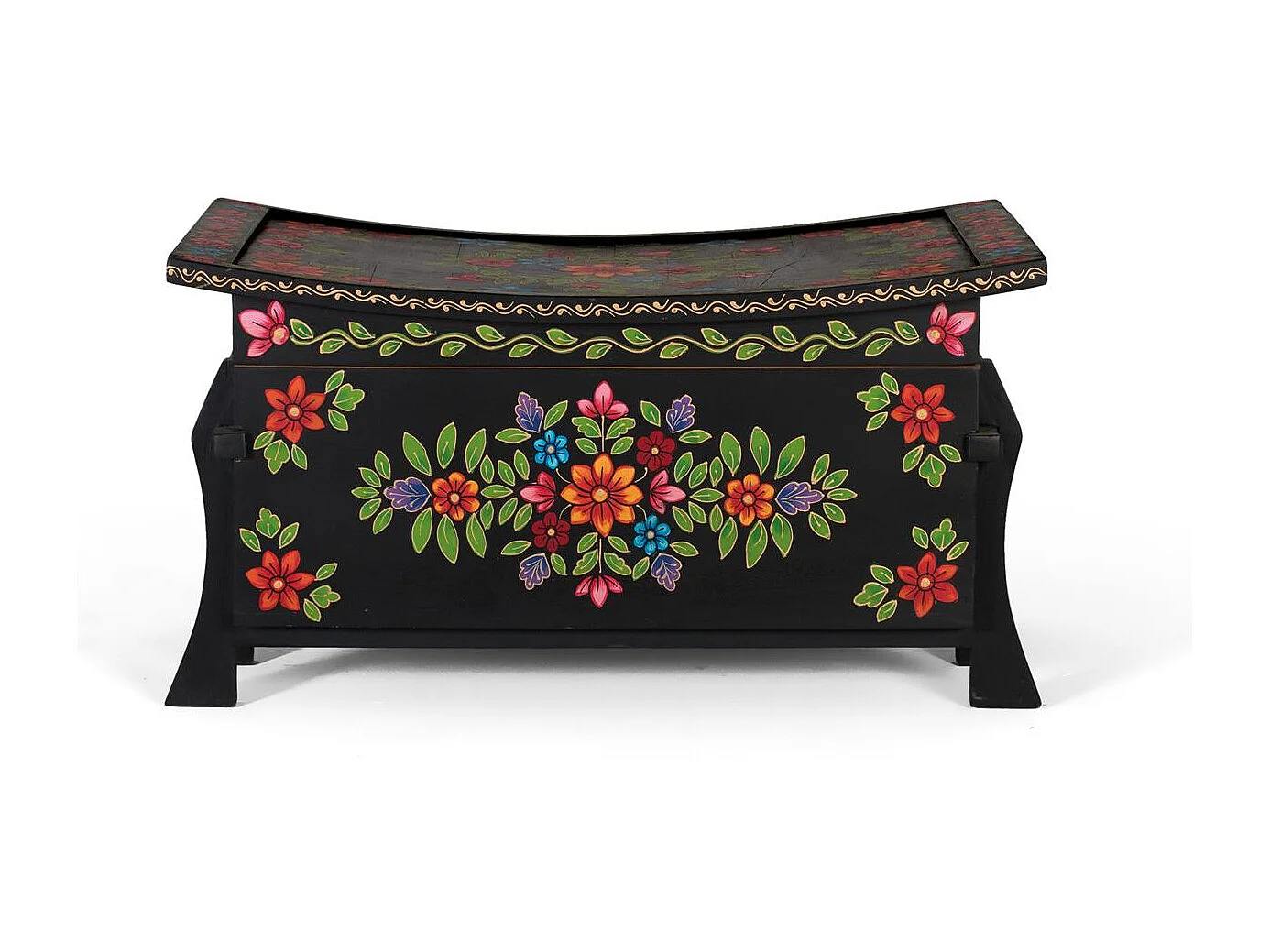 Baúl en madera de mango en color negro con detalles pintados a mano