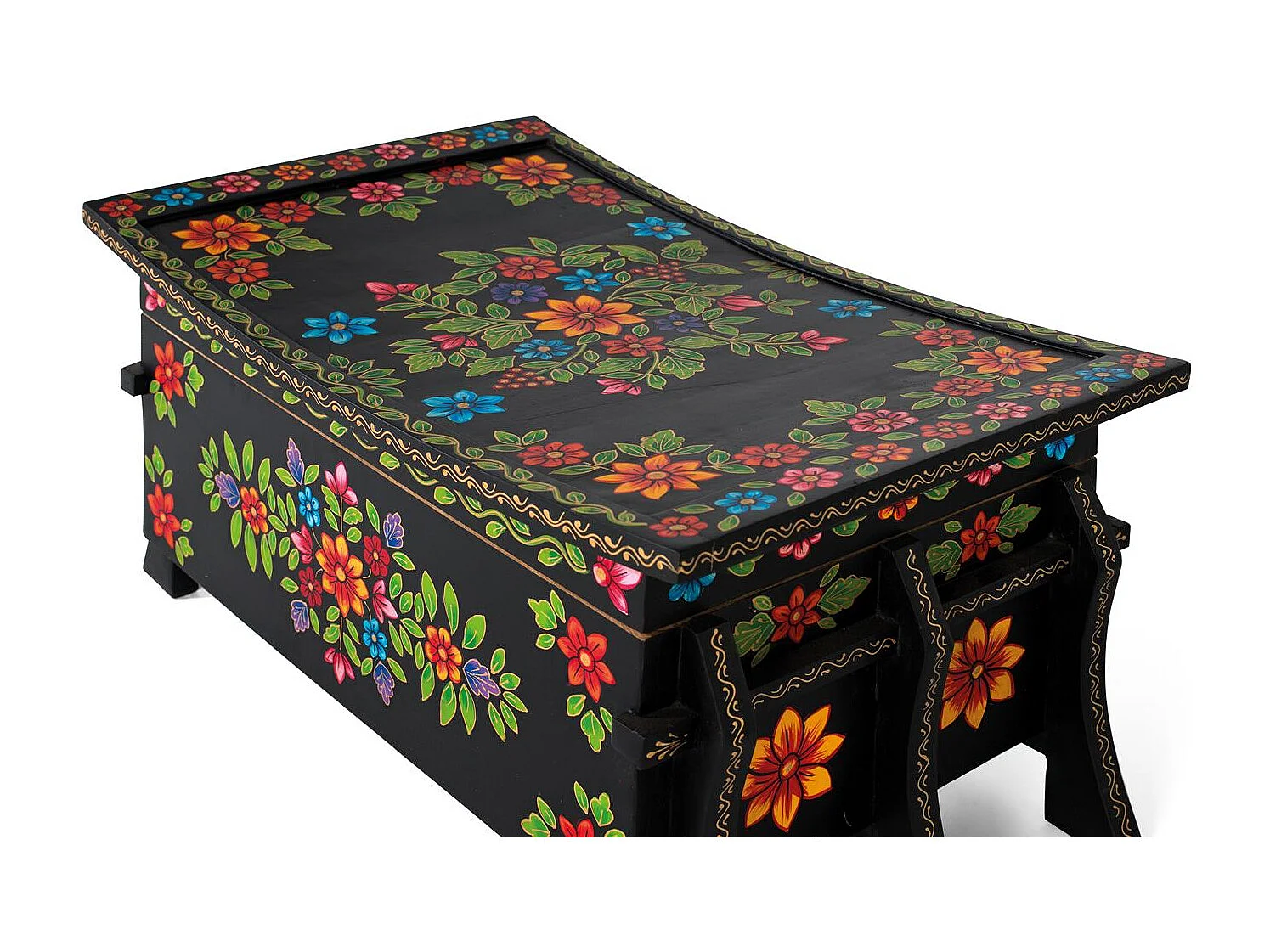 Baúl en madera de mango en color negro con detalles pintados a mano