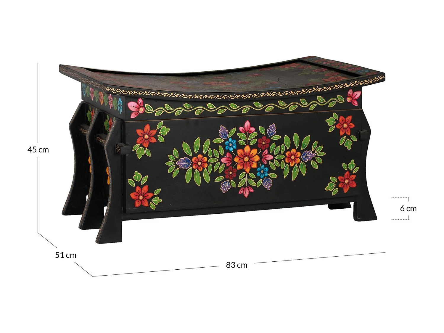 Baúl en madera de mango en color negro con detalles pintados a mano