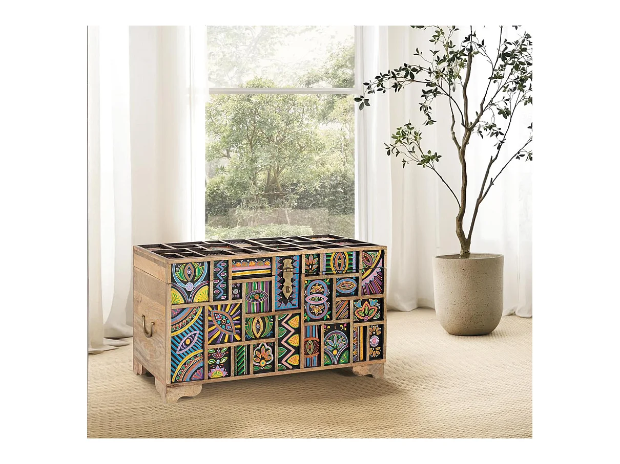 Coffre en bois de manguier multicolore peint à la main
