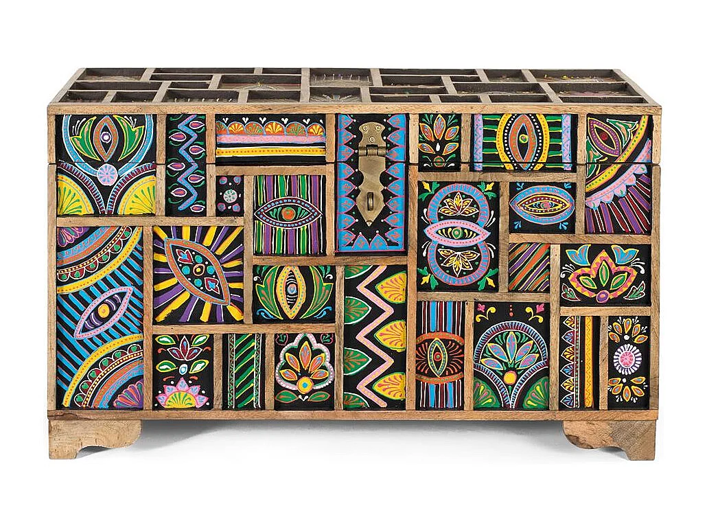 Coffre en bois de manguier multicolore peint à la main
