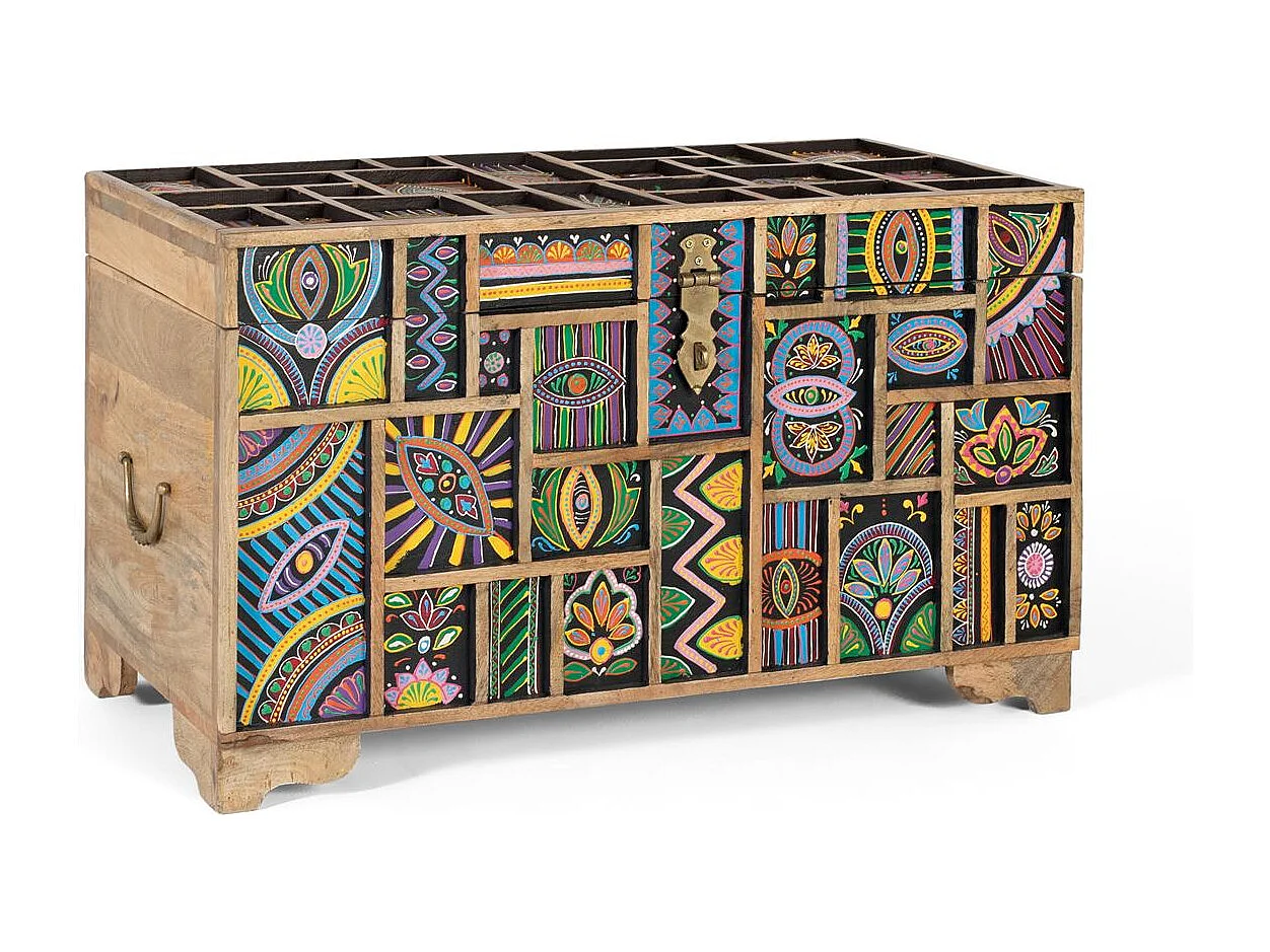 Coffre en bois de manguier multicolore peint à la main