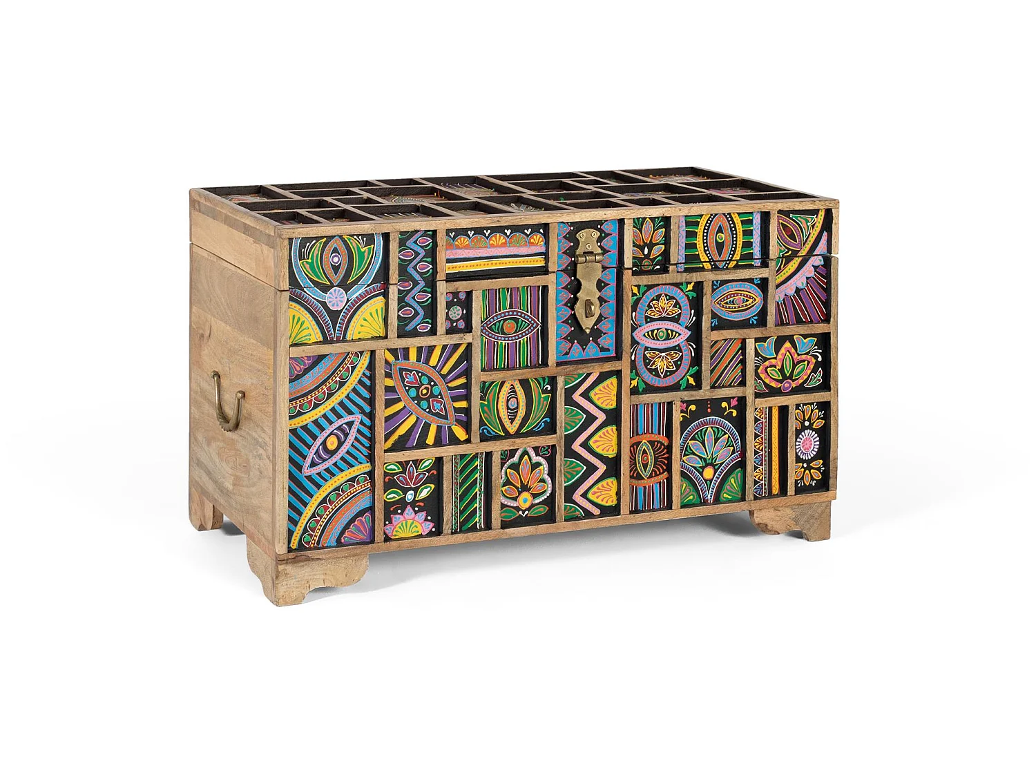 Coffre en bois de manguier 81 cm, style ethnique artisanal - 48 x 81 x 42