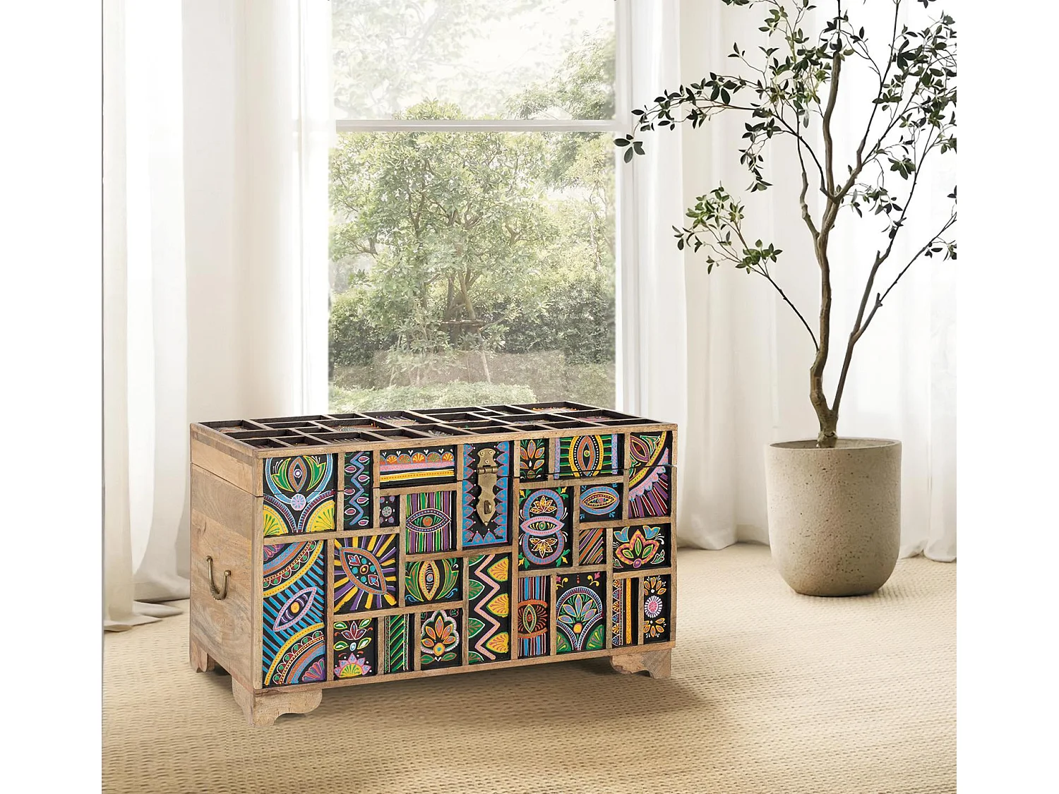 Coffre en bois de manguier 81 cm, style ethnique artisanal - 48 x 81 x 42