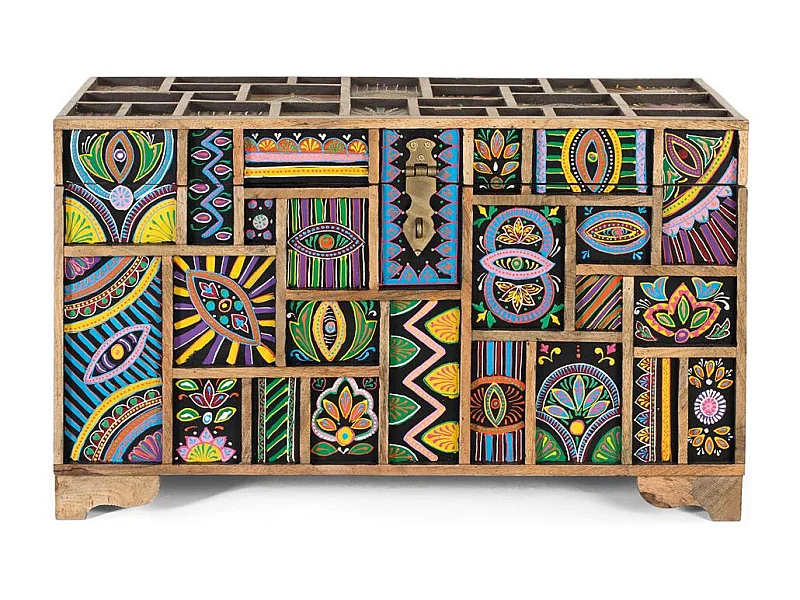 Coffre en bois de manguier multicolore peint à la main