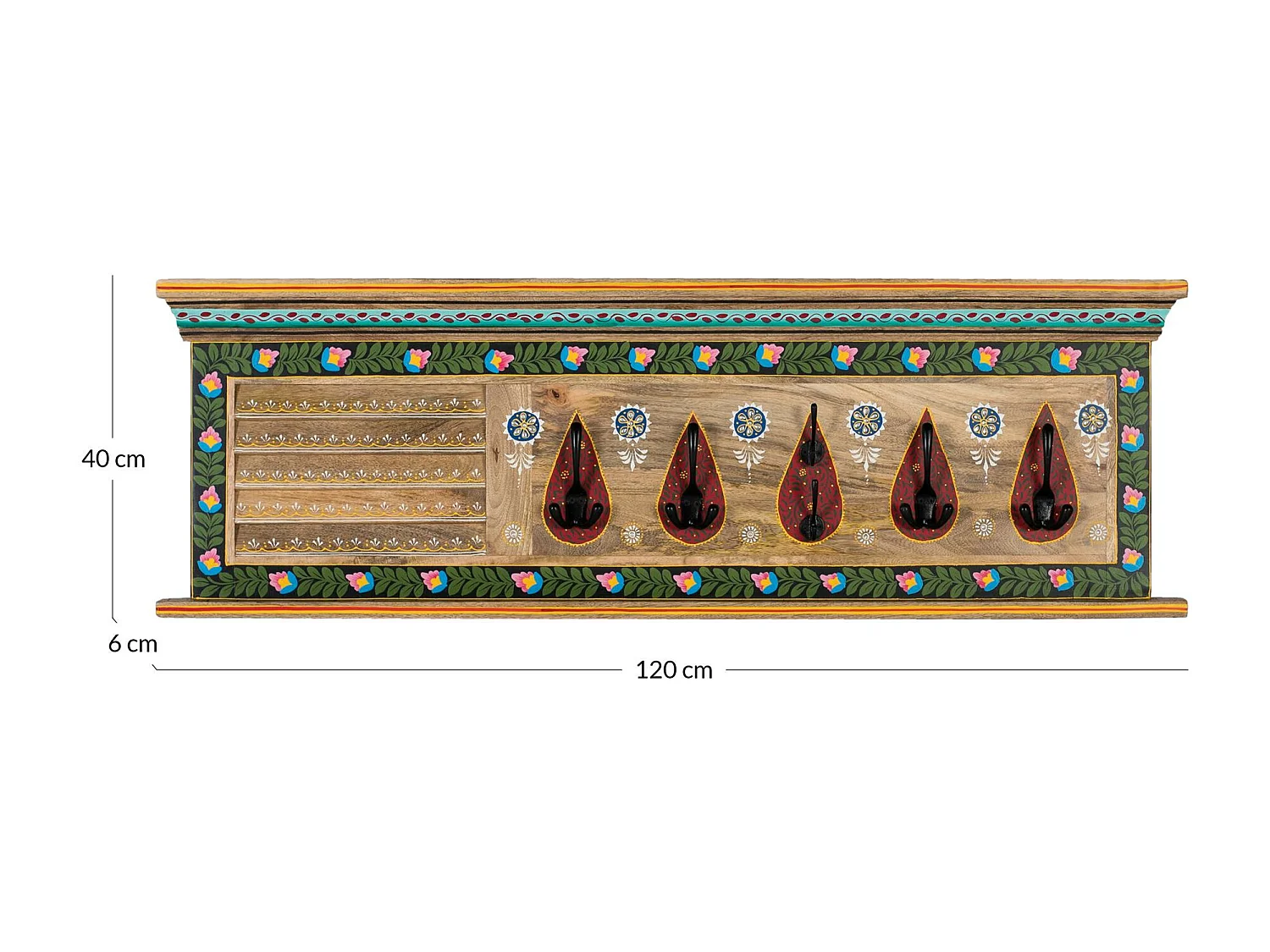 Appendiabiti da parete realizzato in legno di mango dipinto a mano