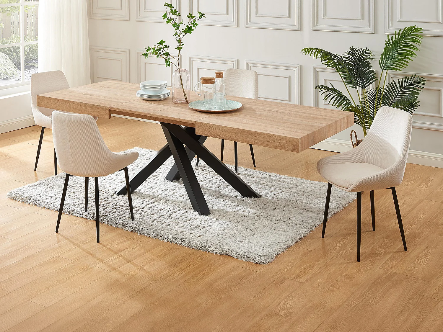 Conjunto mesa CATONAV + 4 cadeiras MASURIE natural e creme