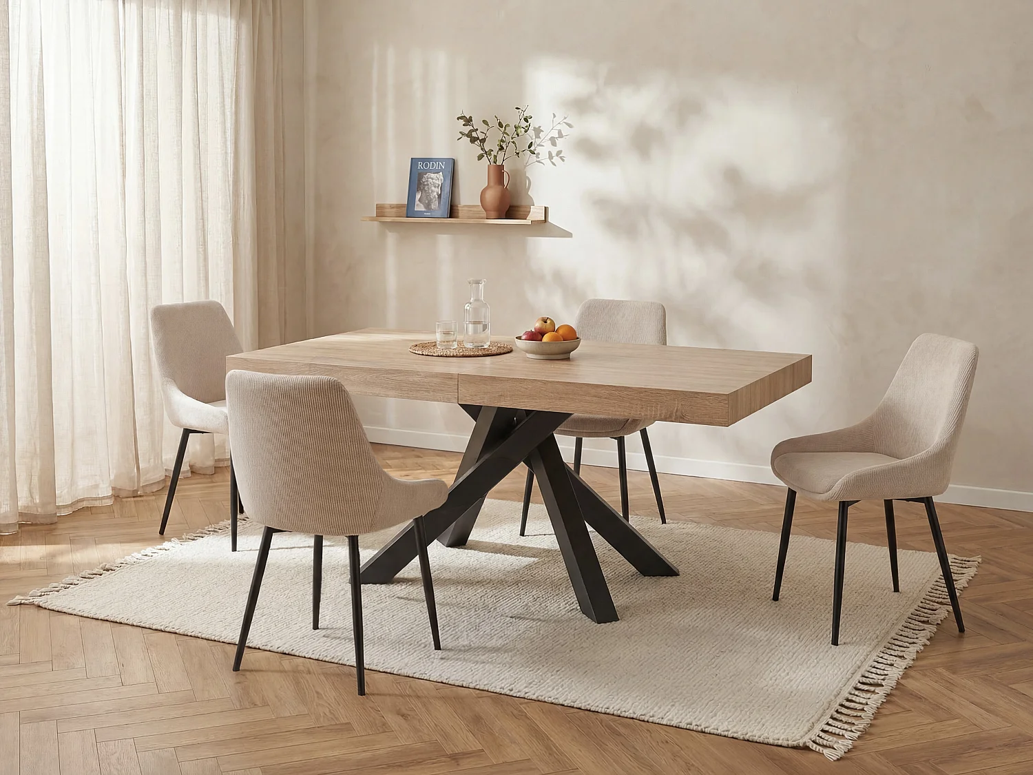 Set tafel CATONAV + 4 stoelen MASURIE - Naturel en crèmewit