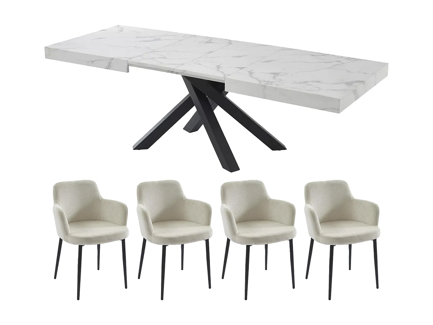 Conjunto mesa CATONAV + 4 cadeiras CELOLA, branco e creme