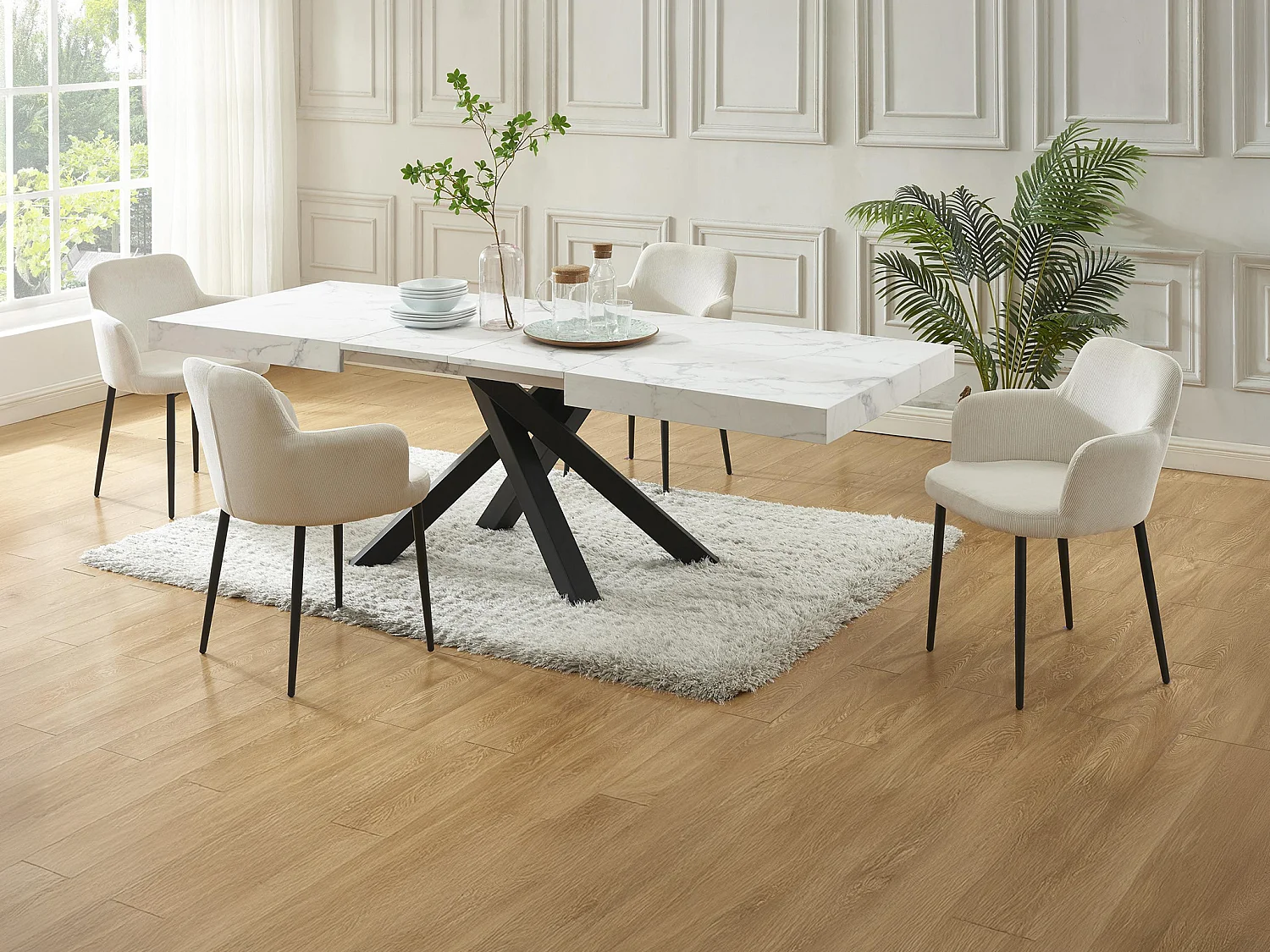 Conjunto mesa CATONAV + 4 cadeiras CELOLA, branco e creme