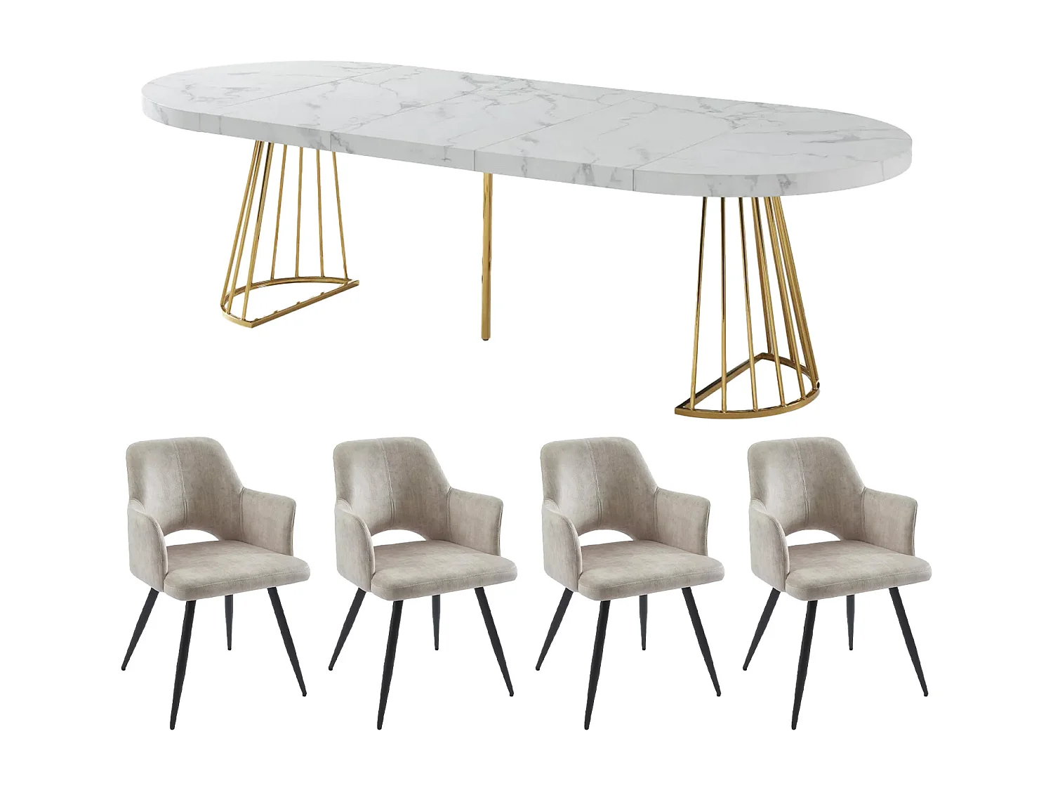 Ensemble table FIRELA + 4 chaises KADIJA - Effet marbre blanc et beige