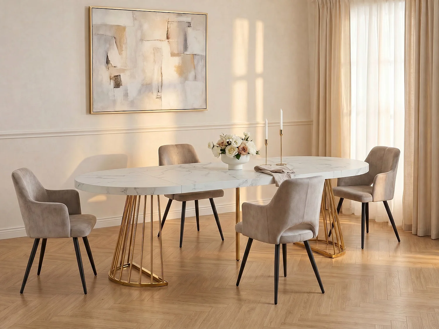 Sortiment spisebord FIRELA + 4 stole KADIJA - Hvid marmor effect hvid marmor effekt og beige beige